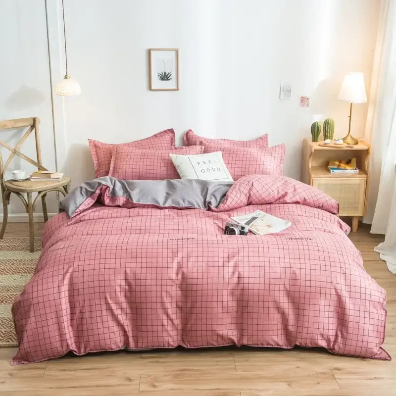Pink heart cartoon print bedding set bedroom satin finish duvet cover