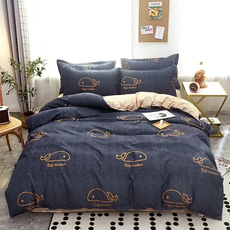 Pink heart cartoon print bedding set bedroom satin finish duvet cover
