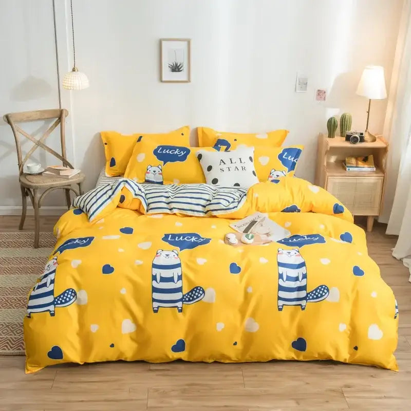 Pink heart cartoon print bedding set bedroom satin finish duvet cover