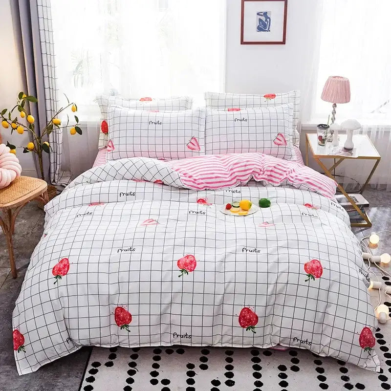 Pink heart cartoon print bedding set bedroom satin finish duvet cover