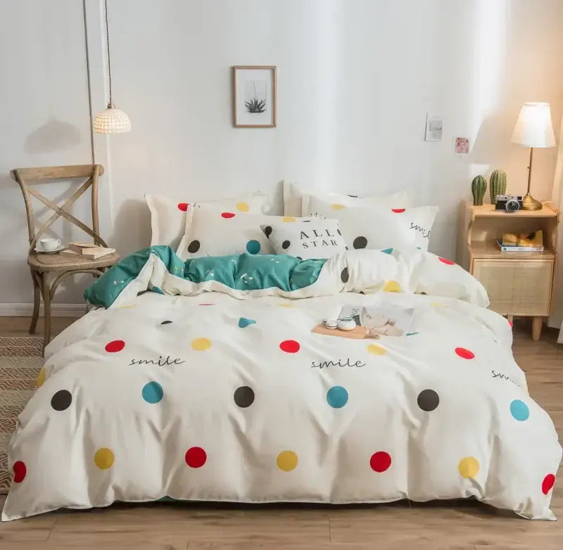 Pink heart cartoon print bedding set bedroom satin finish duvet cover