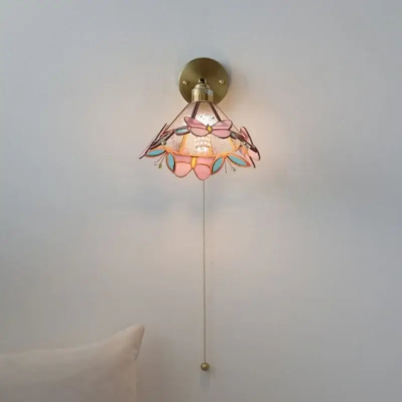 Pink & teal copper butterfly glass wall light bedroom sconce