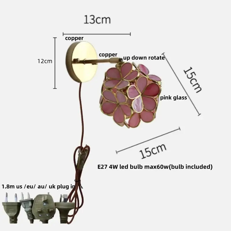 Pink & teal copper butterfly glass wall light bedroom sconce