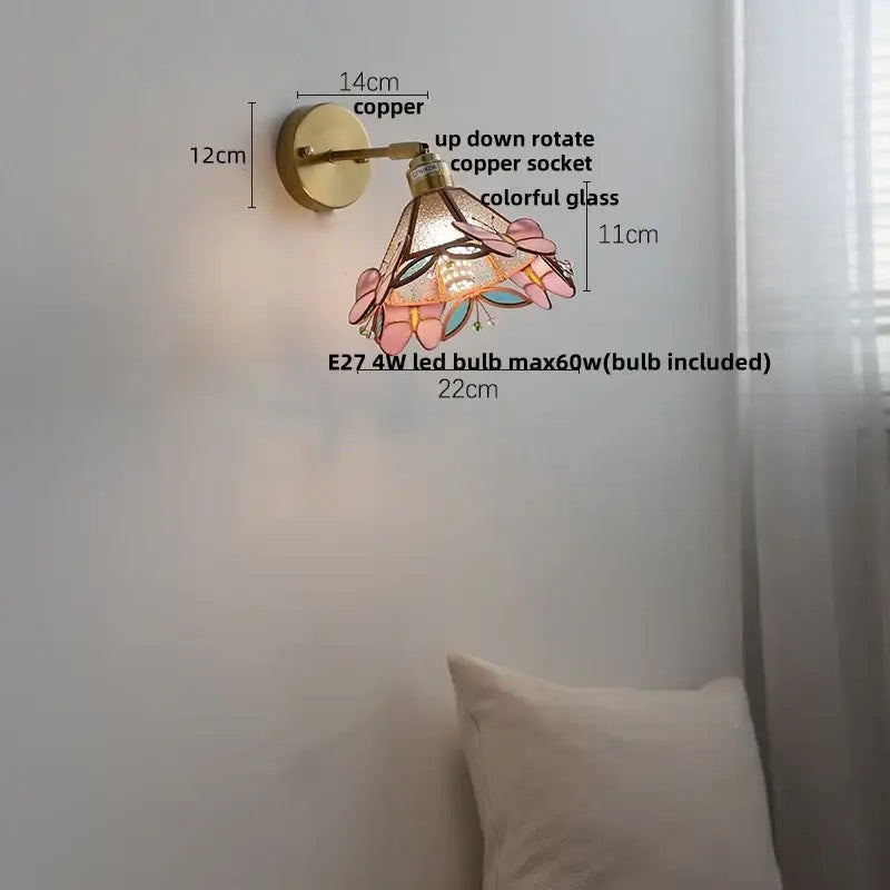 Pink & teal copper butterfly glass wall light bedroom sconce