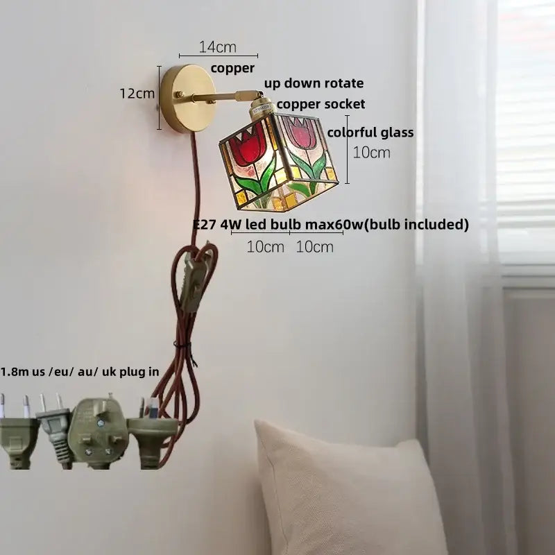 Pink & teal copper butterfly glass wall light bedroom sconce