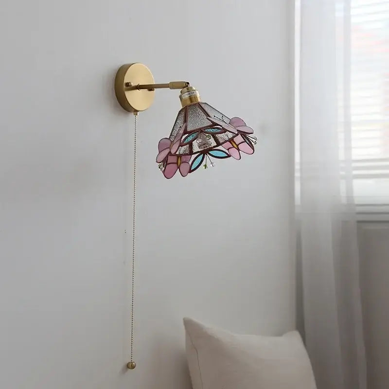 Pink & teal copper butterfly glass wall light bedroom sconce