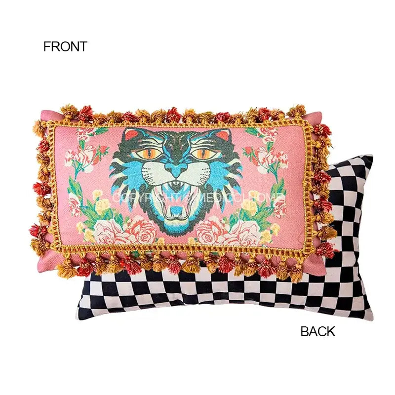 Pink tiger cat print velvet cushion cover living room tassels