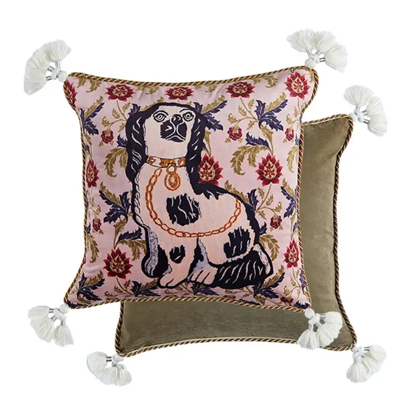 Pink tiger cat print velvet cushion cover living room tassels