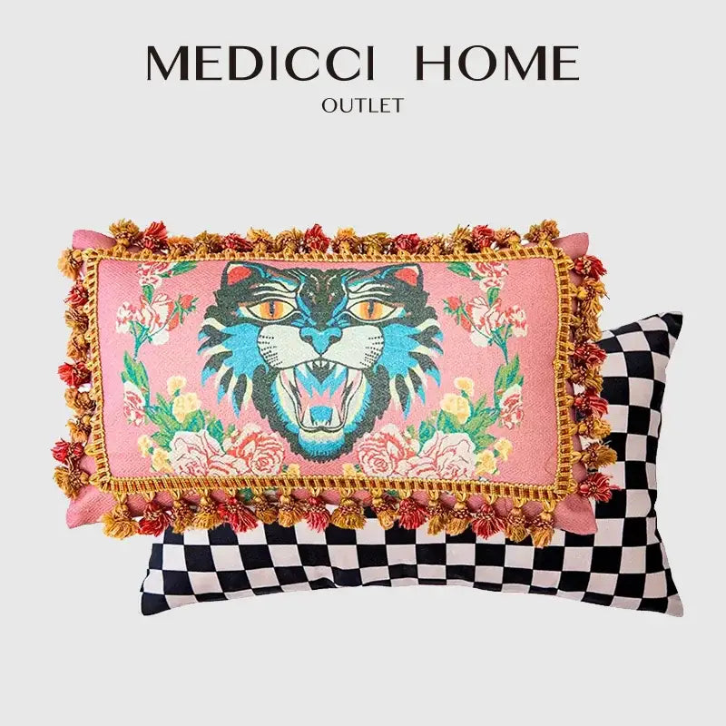 Pink tiger cat print velvet cushion cover living room tassels