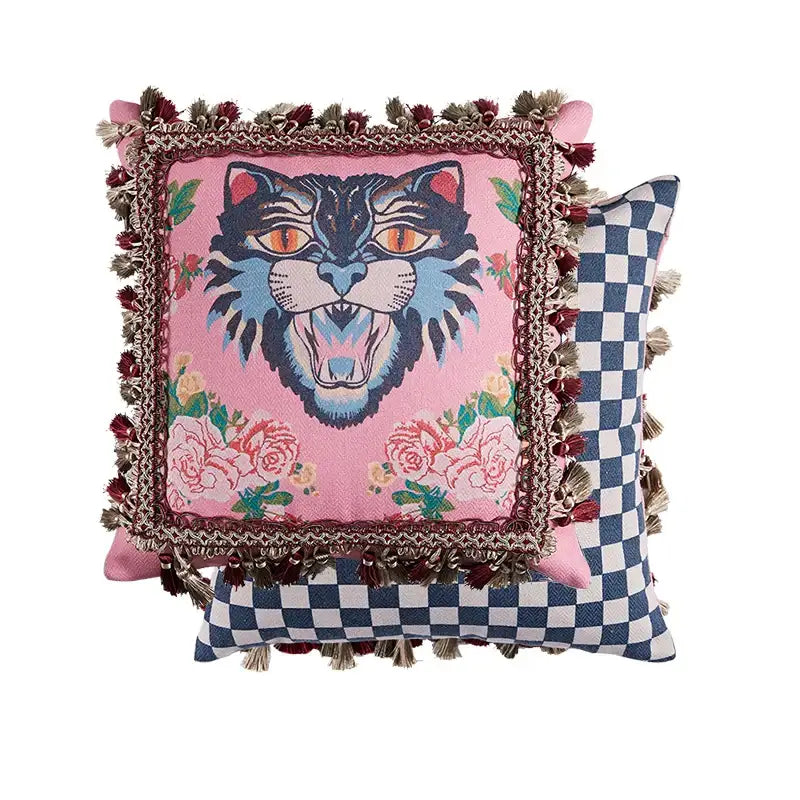 Pink tiger cat print velvet cushion cover living room tassels