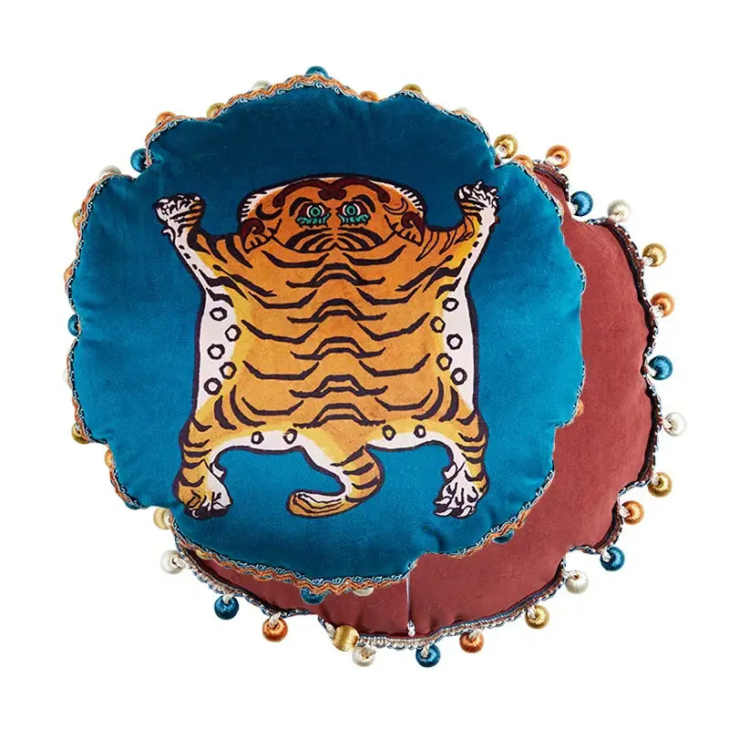 Pink tiger cat print velvet cushion cover living room tassels