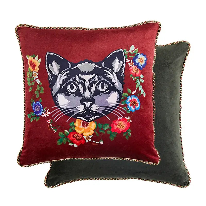 Pink tiger cat print velvet cushion cover living room tassels