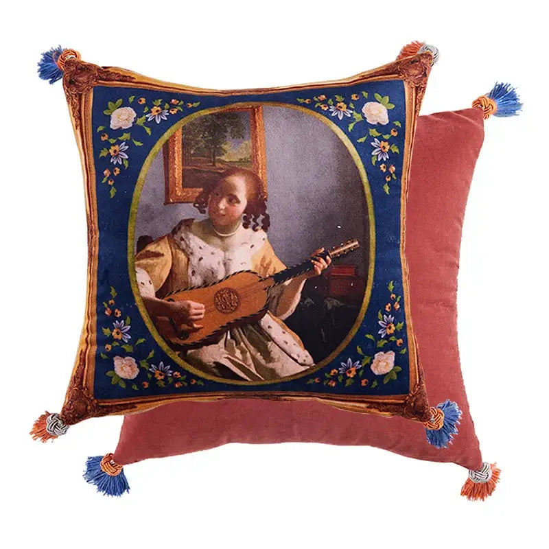 Pink tiger cat print velvet cushion cover living room tassels