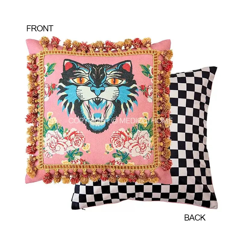 Pink tiger cat print velvet cushion cover living room tassels