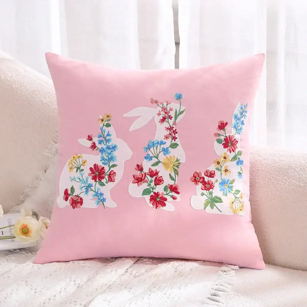 Pink & white floral embroidered bunny cushion cover living room decor