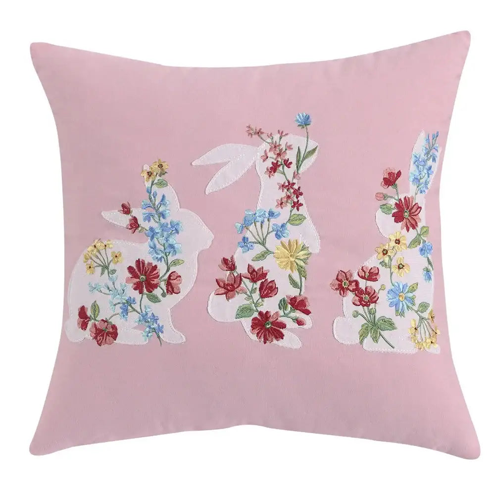 Pink & white floral embroidered bunny cushion cover living room decor