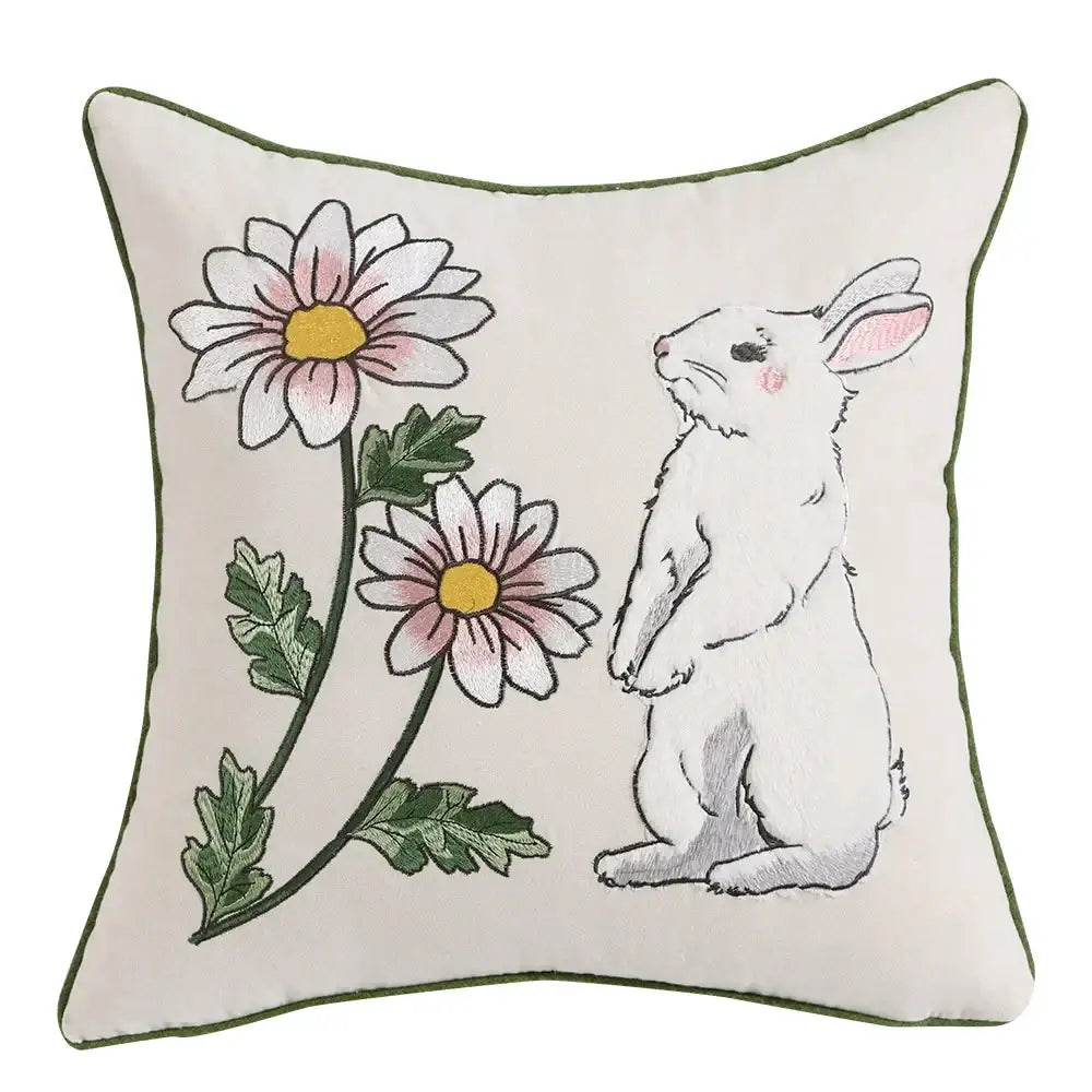 Pink & white floral embroidered bunny cushion cover living room decor