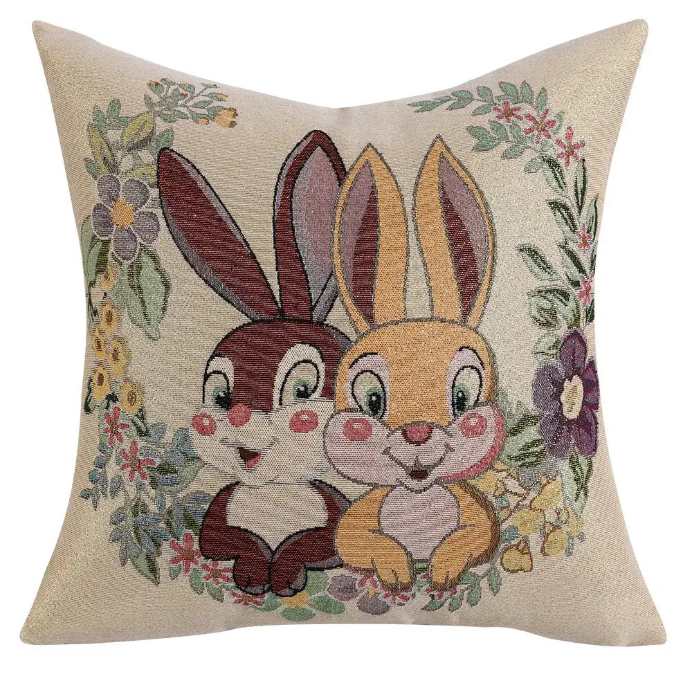 Pink & white floral embroidered bunny cushion cover living room decor