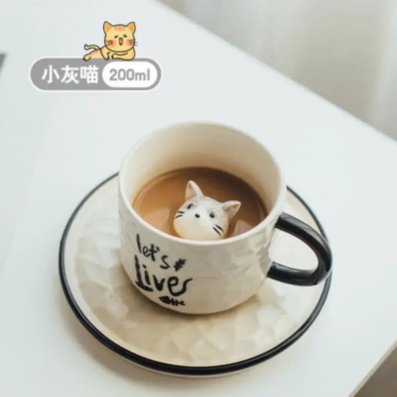 Playful white & black cat claw ceramic cup kitchen mug with figurine