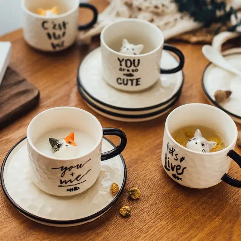 Playful white & black cat claw ceramic cup kitchen mug with figurine