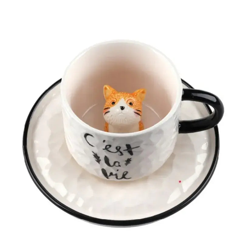 Playful white & black cat claw ceramic cup kitchen mug with figurine