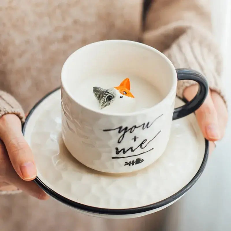 Playful white & black cat claw ceramic cup kitchen mug with figurine