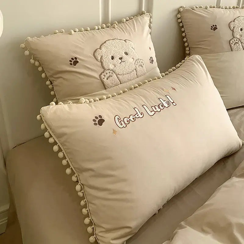 Plush cream cartoon bear applique cotton bedding set bedroom quilt cover