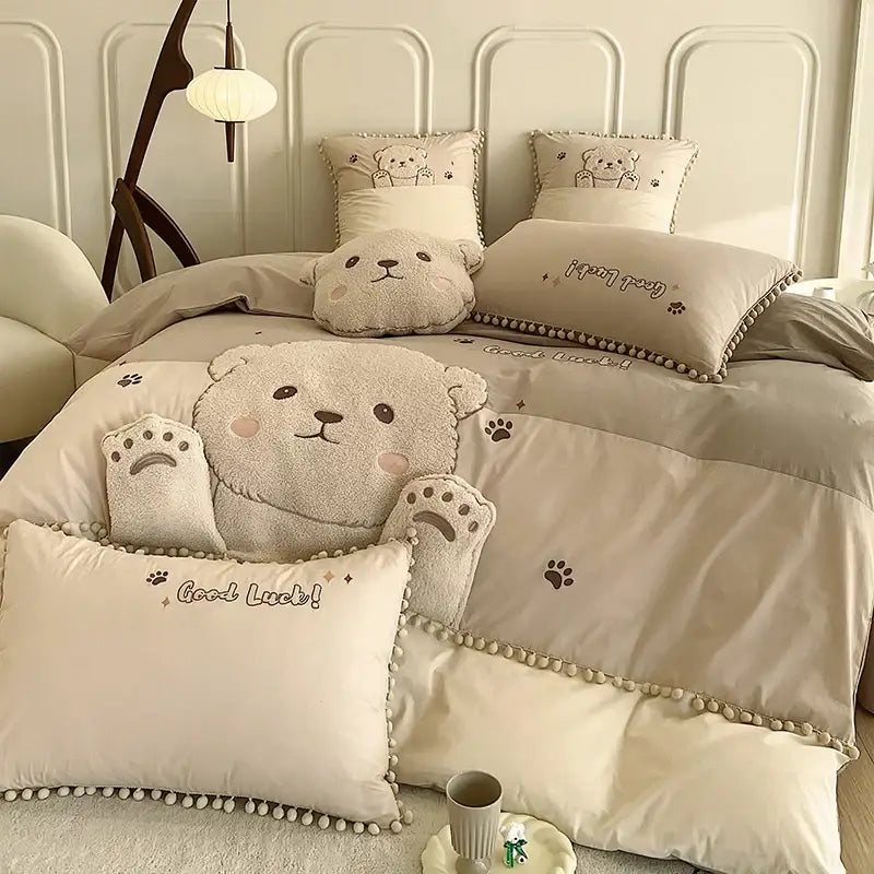 Plush cream cartoon bear applique cotton bedding set bedroom quilt cover