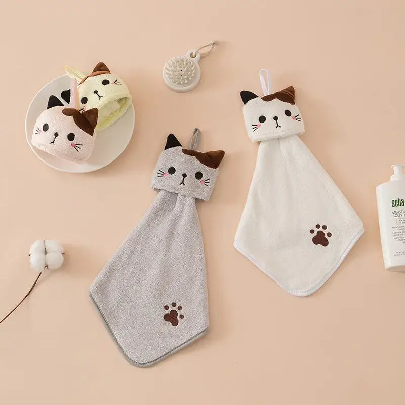 Plush pink & pale yellow cartoon cat hand towel for kitchen