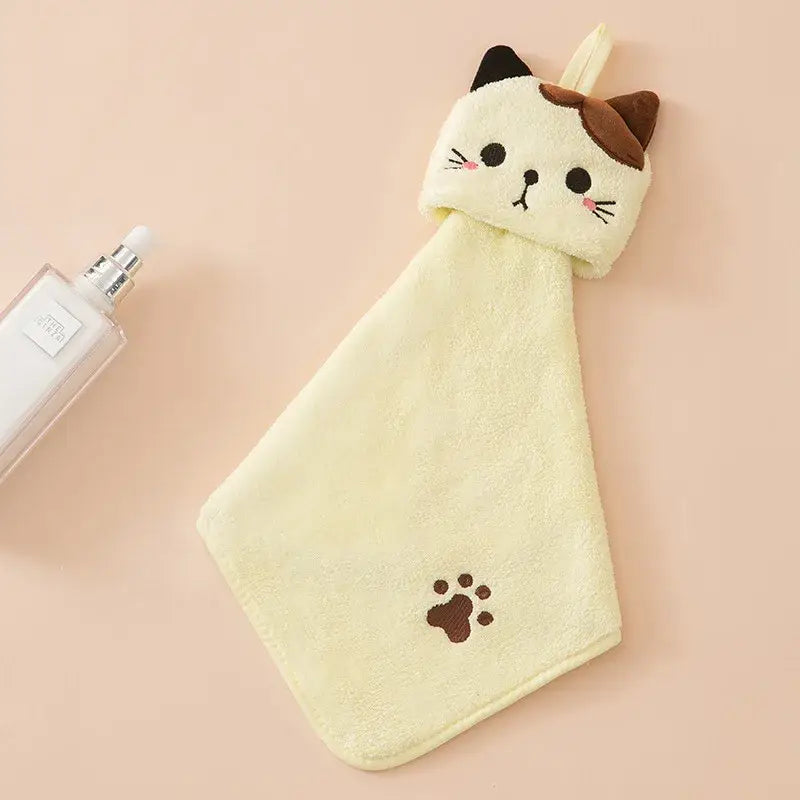 Plush pink & pale yellow cartoon cat hand towel for kitchen