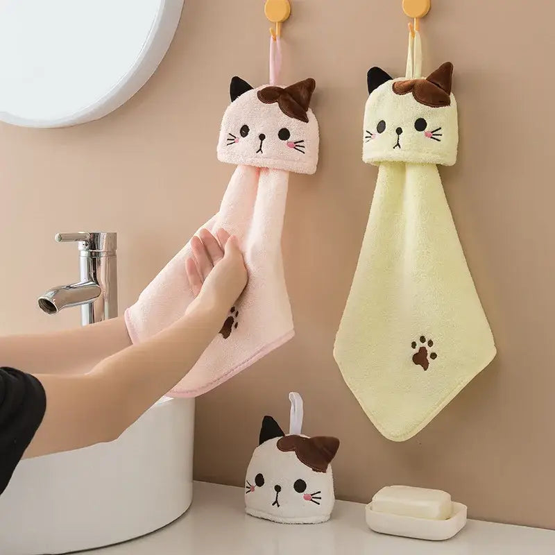 Plush pink & pale yellow cartoon cat hand towel for kitchen