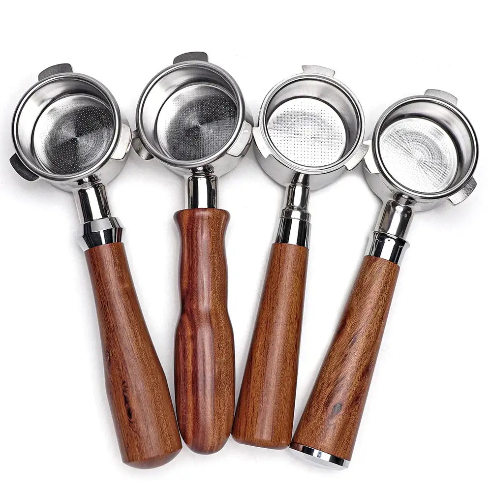 Polished wood and stainless steel coffee bottomless portafilter kitchen handle