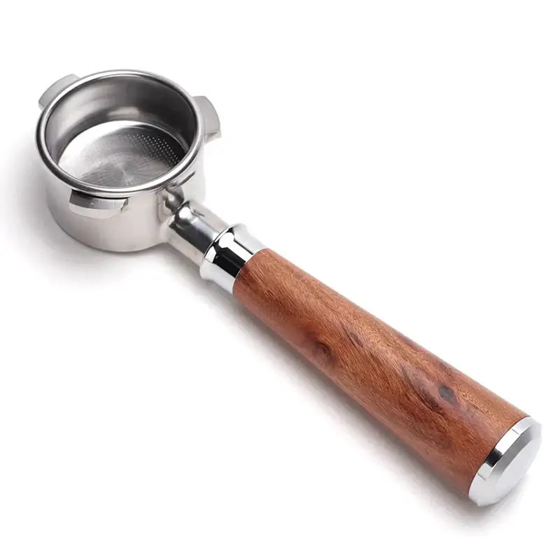 Polished wood and stainless steel coffee bottomless portafilter kitchen handle