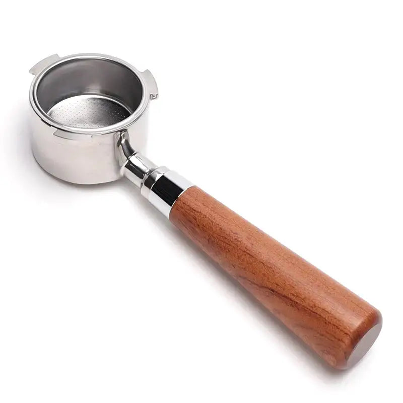 Polished wood and stainless steel coffee bottomless portafilter kitchen handle