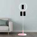 Portable pink and white led ring light stand with three phone holders and usb port compatible with 220v-240v