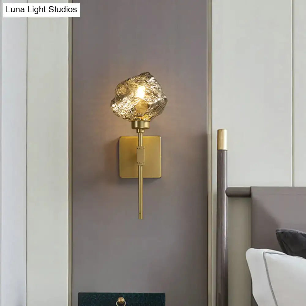 Post modern brass and amber glass wall light sconce living room
