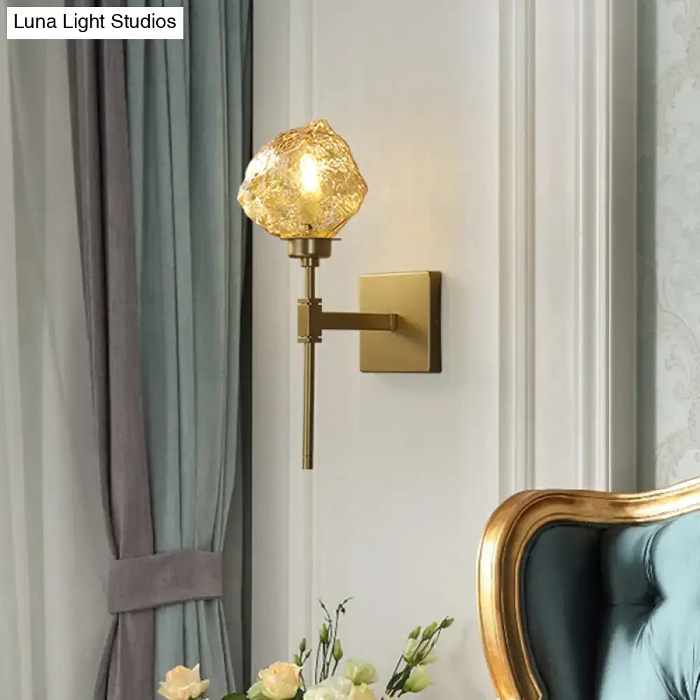 Post modern brass and amber glass wall light sconce living room