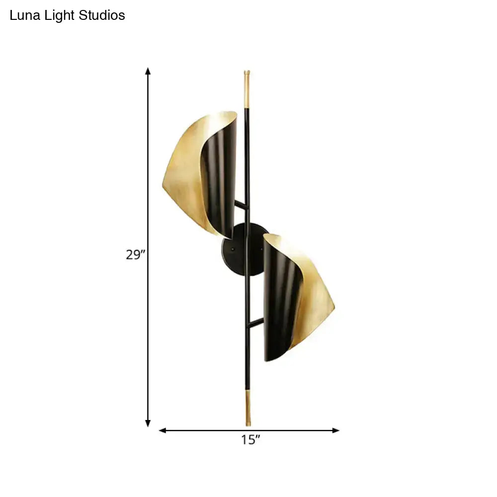 Postmodern black & gold ribbed leaf wall light for staircase