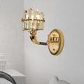 Postmodern blue and gold crystal wall mount lamp with gold finish curved arm and clear crystal accents for bedroom use