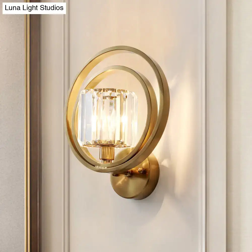 Postmodern brass and crystal drum wall mount light bedroom sconce