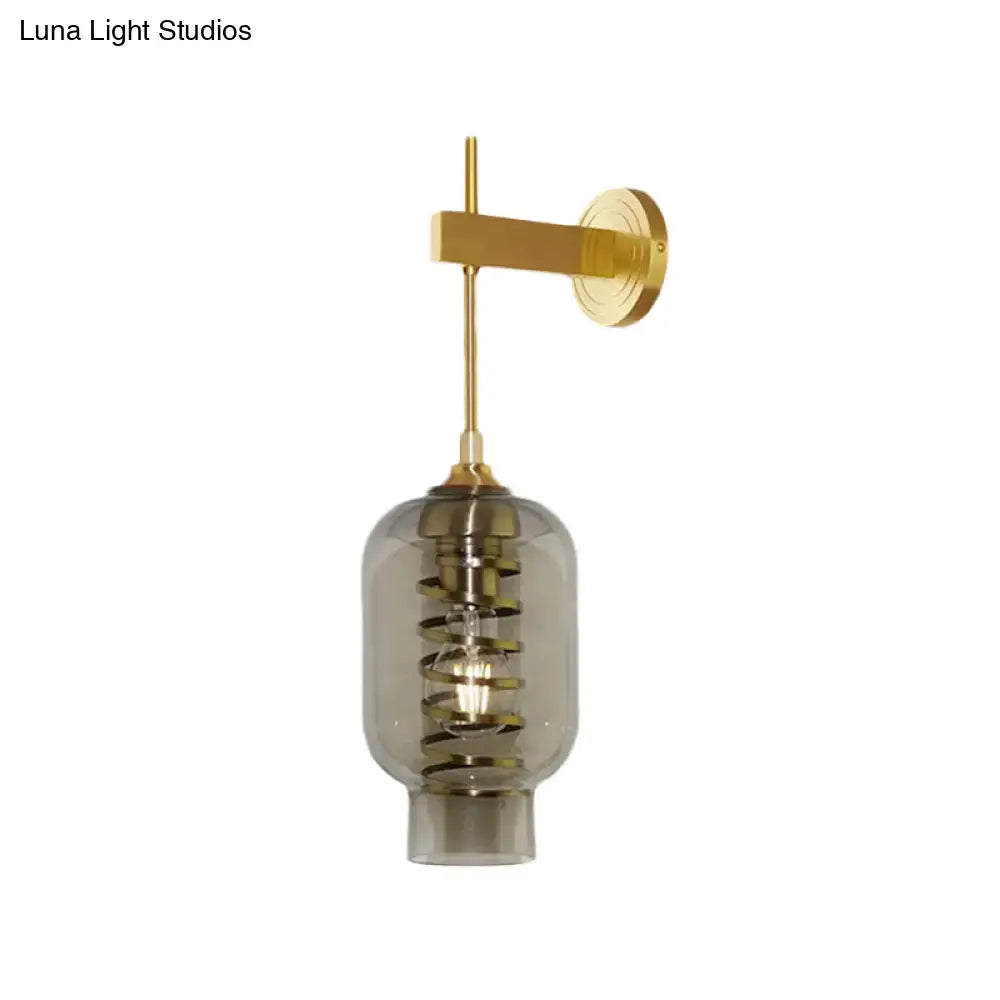 Postmodern brass and smoke gray glass wall lamp for tea room