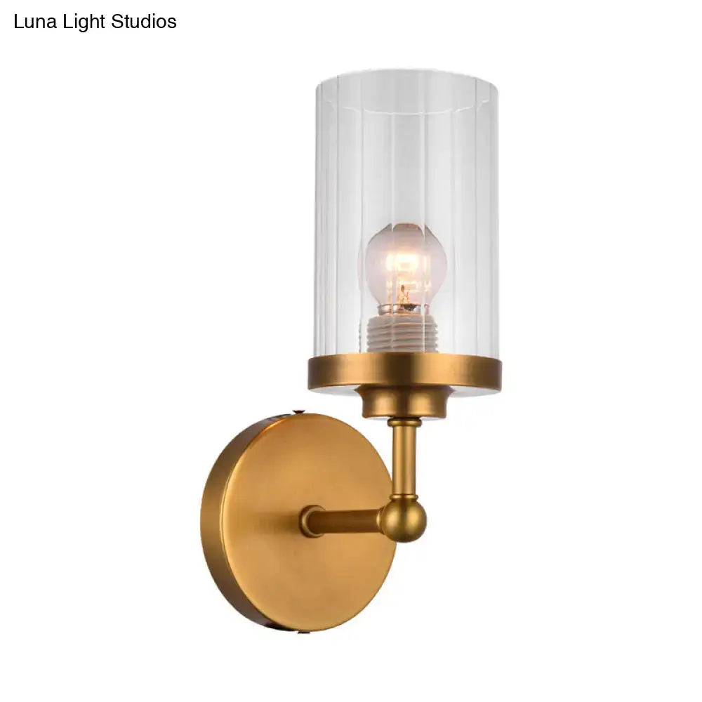 Postmodern brass cylinder wall light bedroom ribbed glass sconce