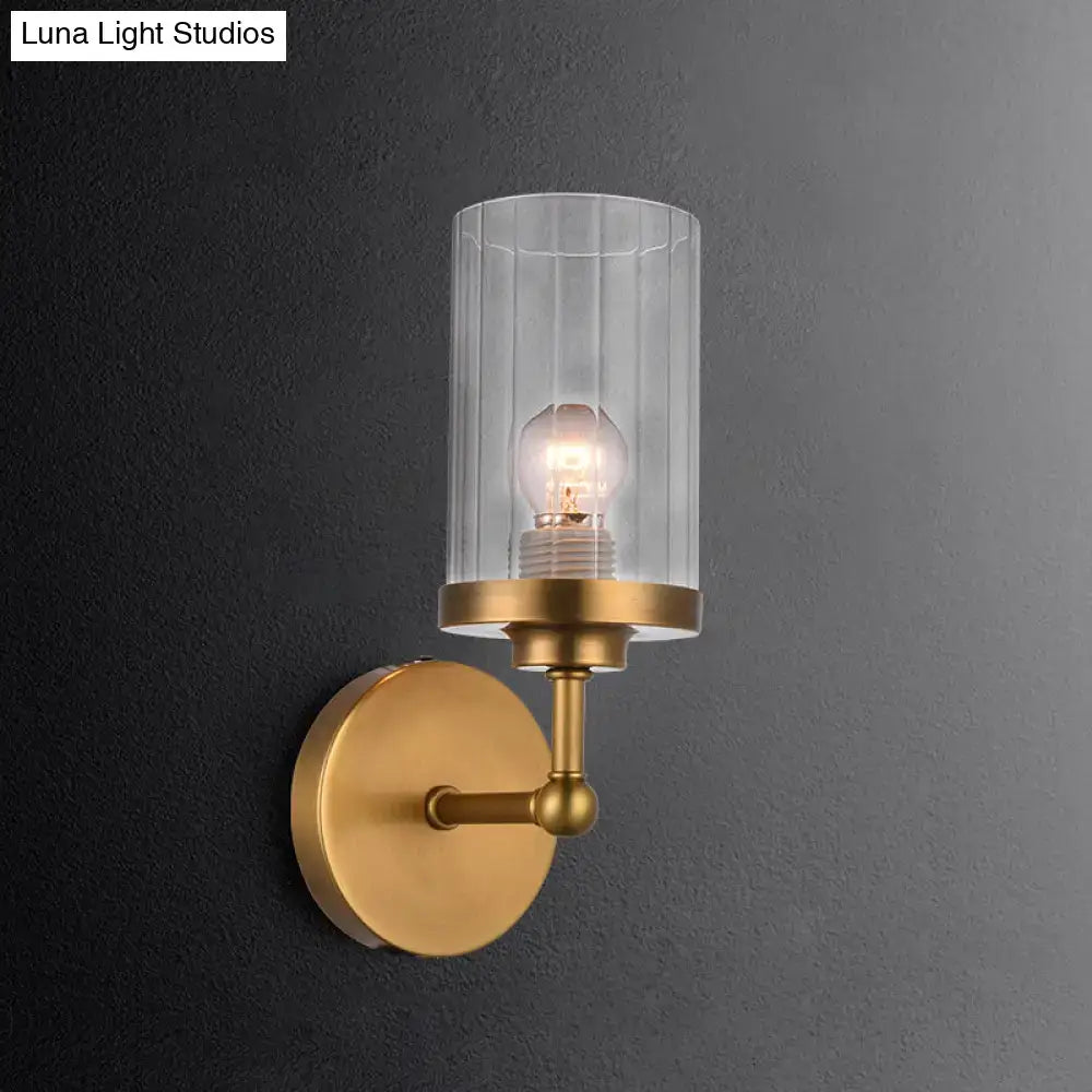Postmodern brass cylinder wall light bedroom ribbed glass sconce