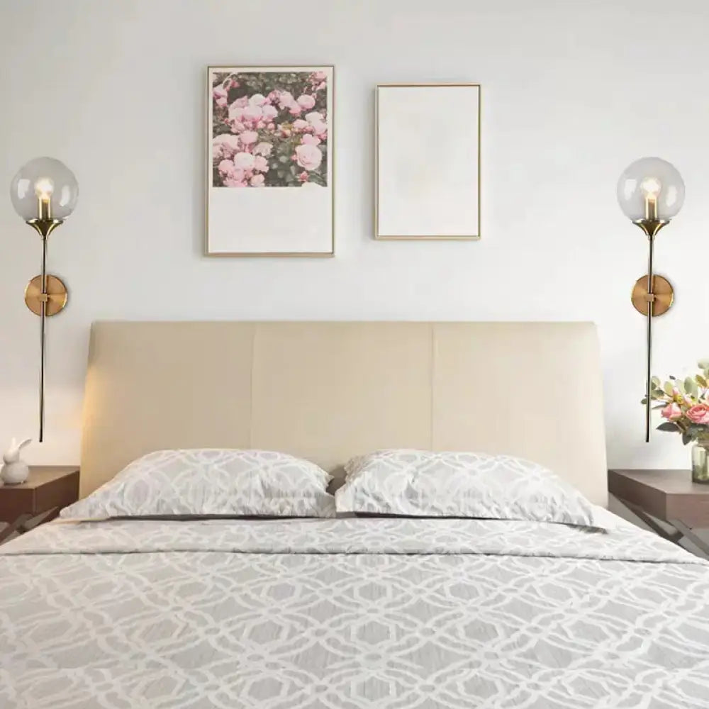 Postmodern brass pencil arm wall lamp with glass shade bedroom sconce