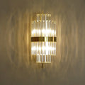 Postmodern gold and crystal wall sconce with tiered crystal rods and brass band direct wired electric 220v-240v 110v-120v
