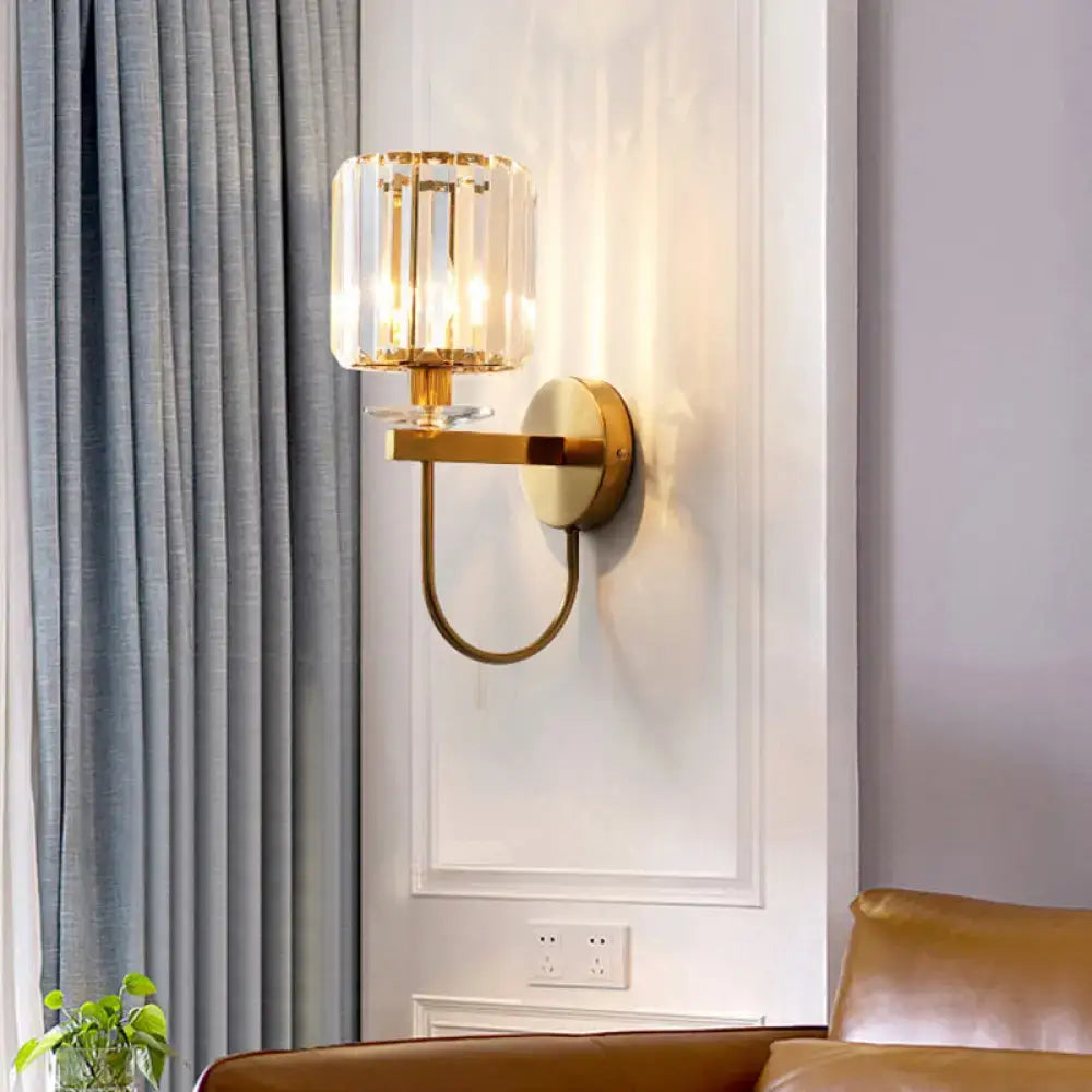 Postmodern gold crystal wall sconce curved arm bedroom light