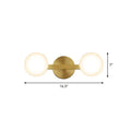 Brass-finished postmodern wall sconce with two frosted glass globes and 11in fixture height for bulb base use