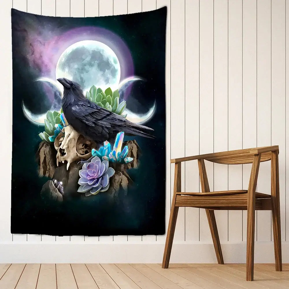 Psychedelic black and gold condor moon universe tapestry bedroom decor