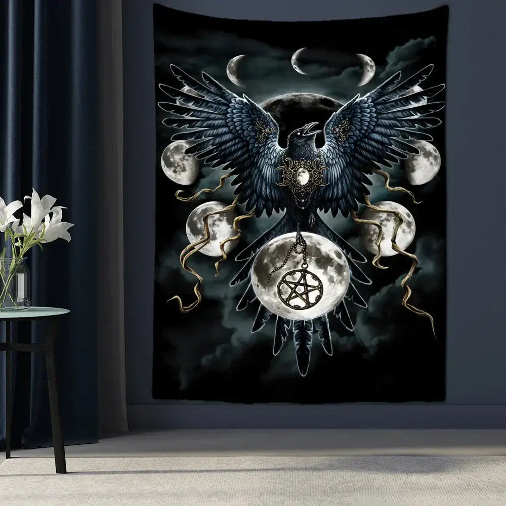 Psychedelic black and gold condor moon universe tapestry bedroom decor