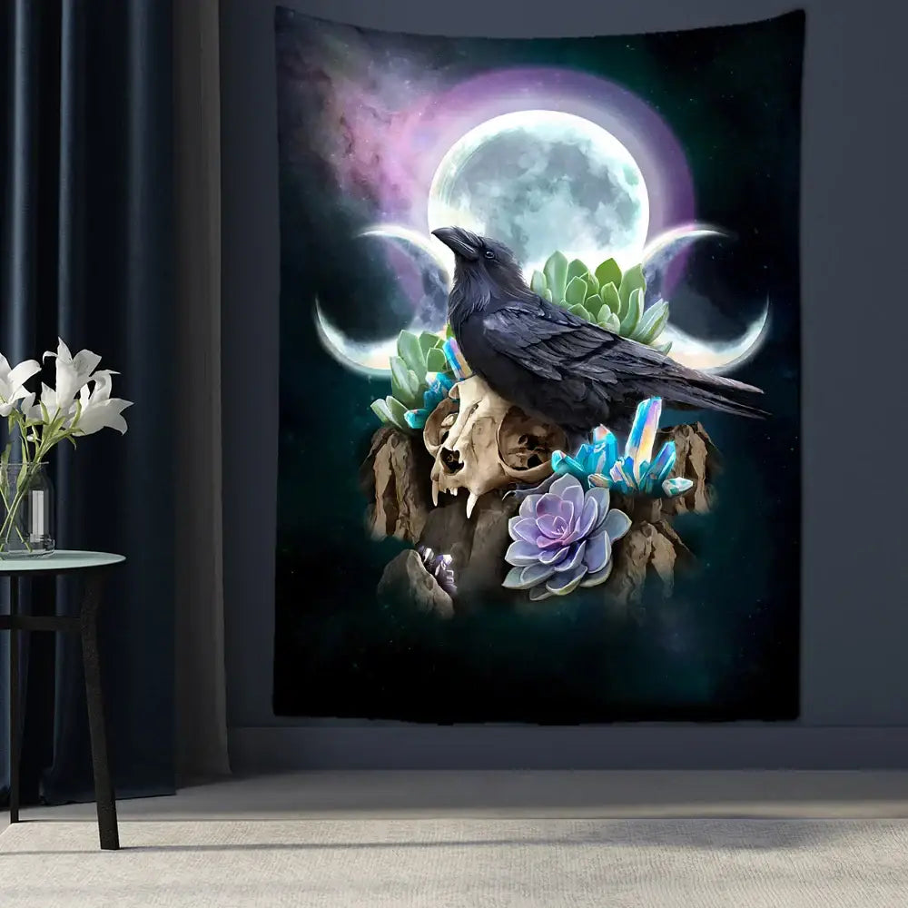 Psychedelic black and gold condor moon universe tapestry bedroom decor